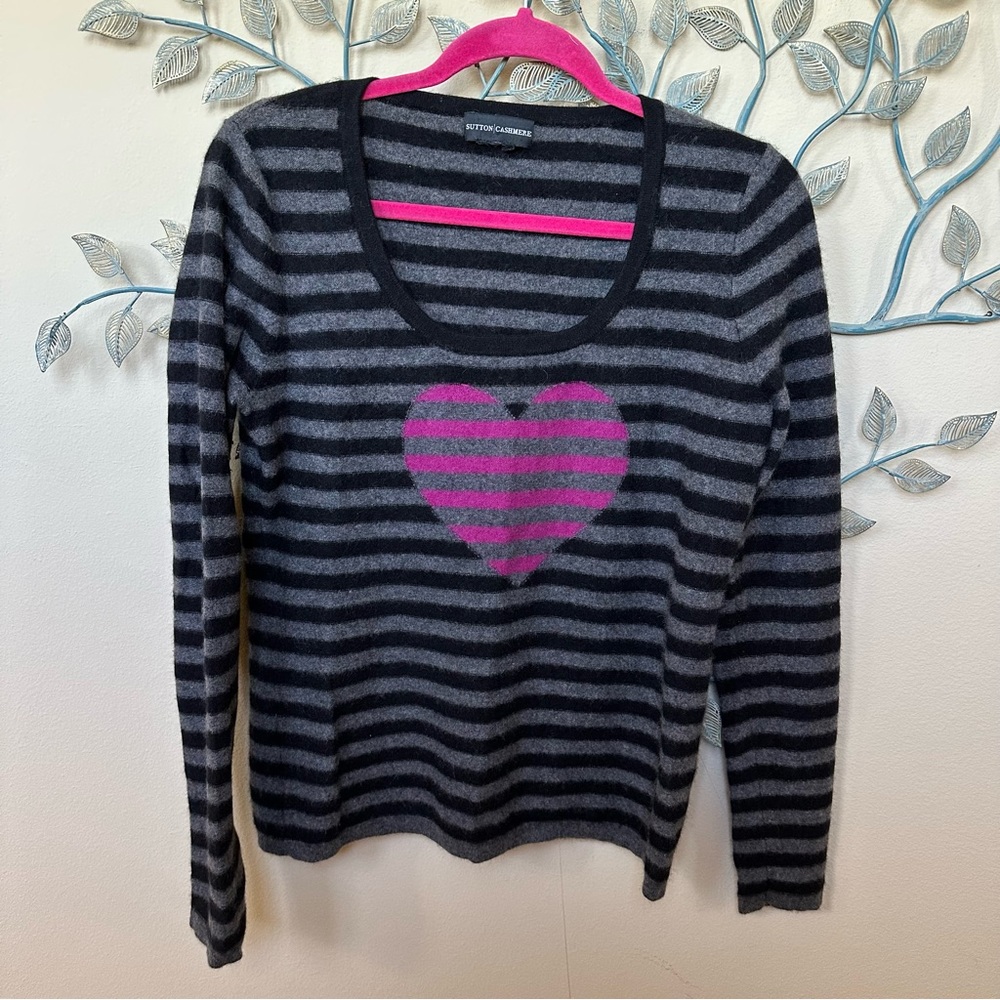 Sutton Cashmere black/grey stripe with pink/gray heart sweater no size t…